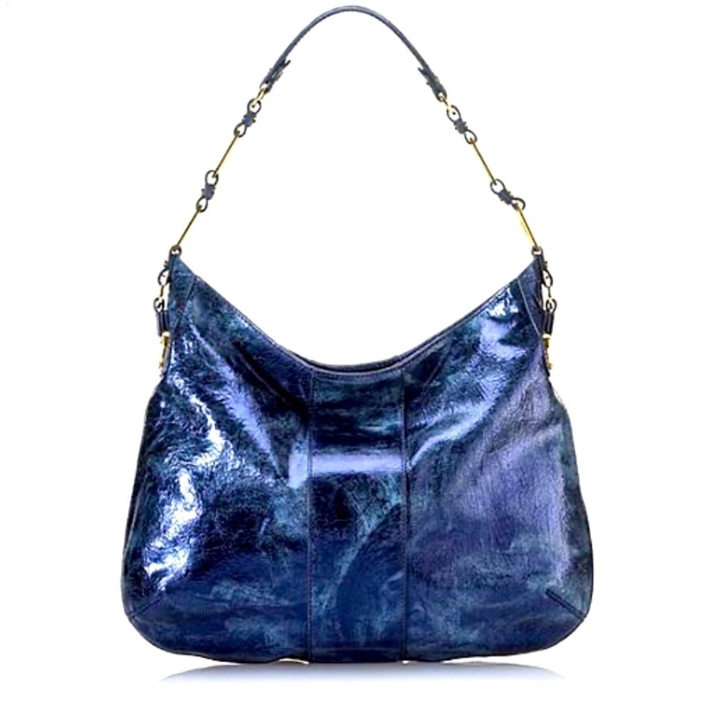 Tory Burch gold logo  metallic blue jew tone boho Nico tote $459 fall casual